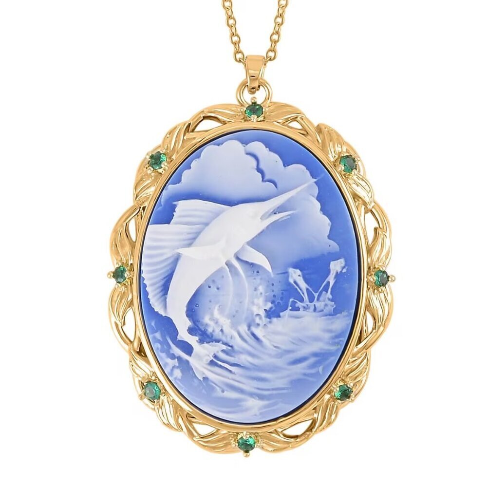 Blue Cameo and Simulated Diamond Necklace 20-22 Inches in Goldtone 8.50 ctw